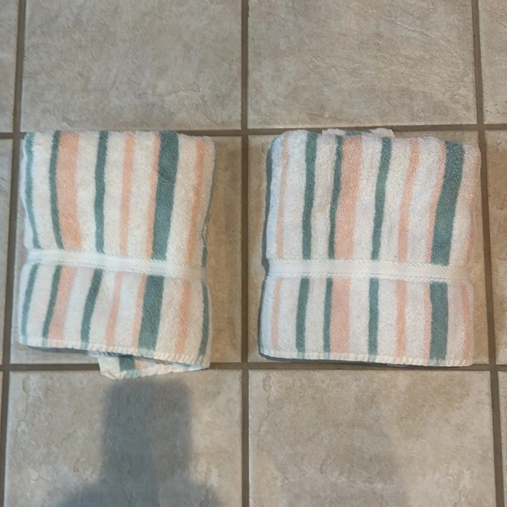 Pair of Caress Striped Vintage Towels in White, Peach, and Teal Cotton